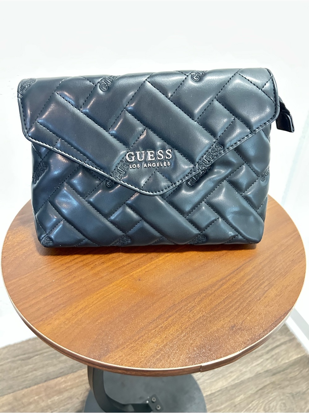 GUESS Quilted Black Leather Flap Crossbody Bag